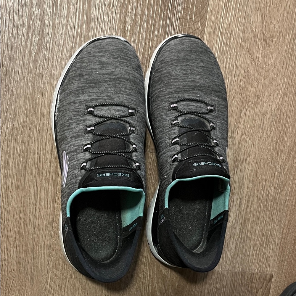 Skechers Gray Black Mint and White Athletic Slip Ons